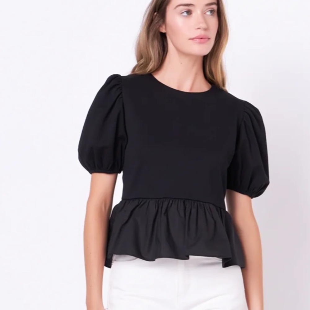 English Factory Black Puff Sleeve Blouse